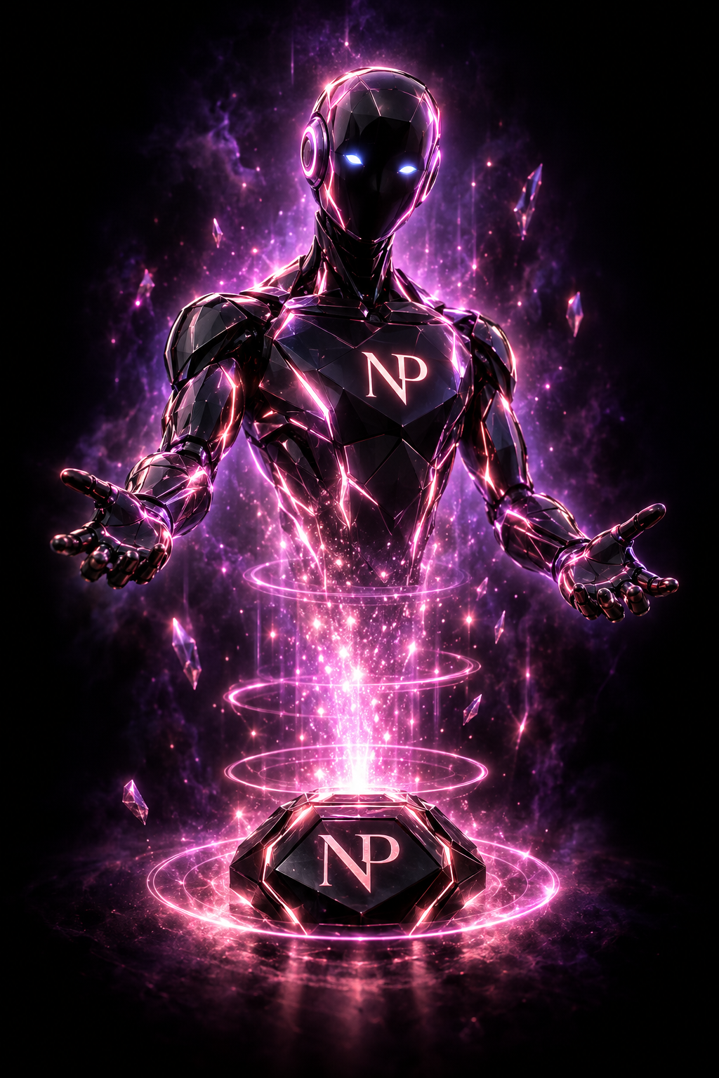 NEXO, una figura de luz violeta que emerge del tótem NP